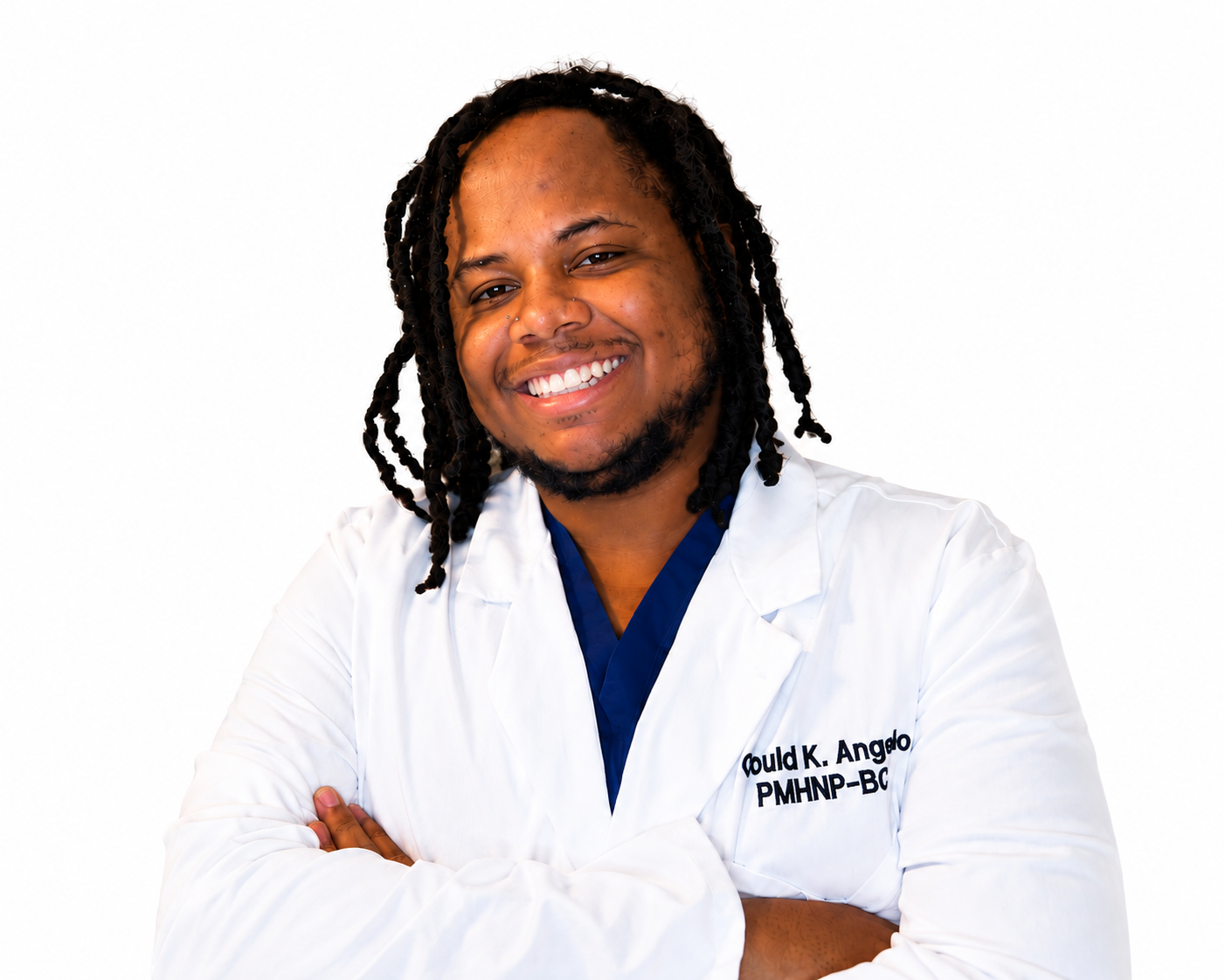 Gould Angelo, psychiatric mental health nurse practitioner, smiling in a white coat and blue scrubs